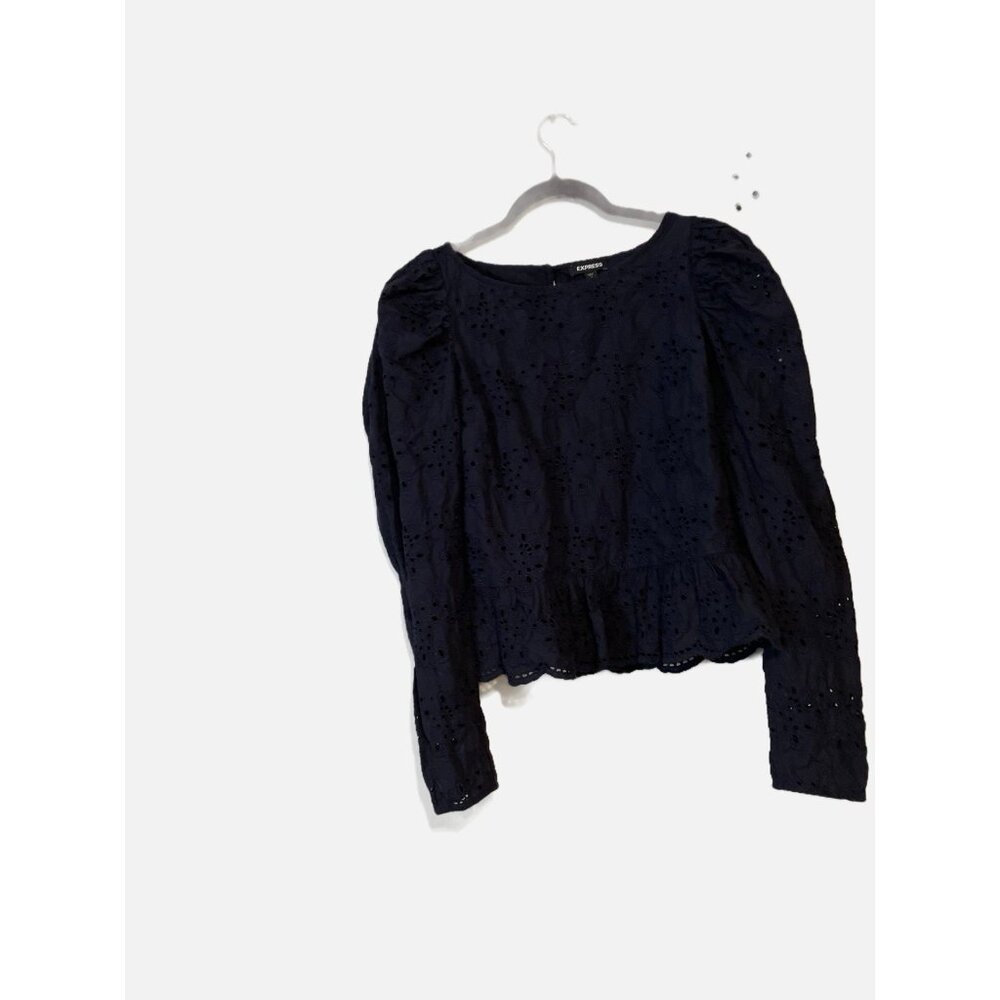 Express Women Navy Blue Scoop Neck Long Sleeve Peplum Top 100% Cotton. Size M.